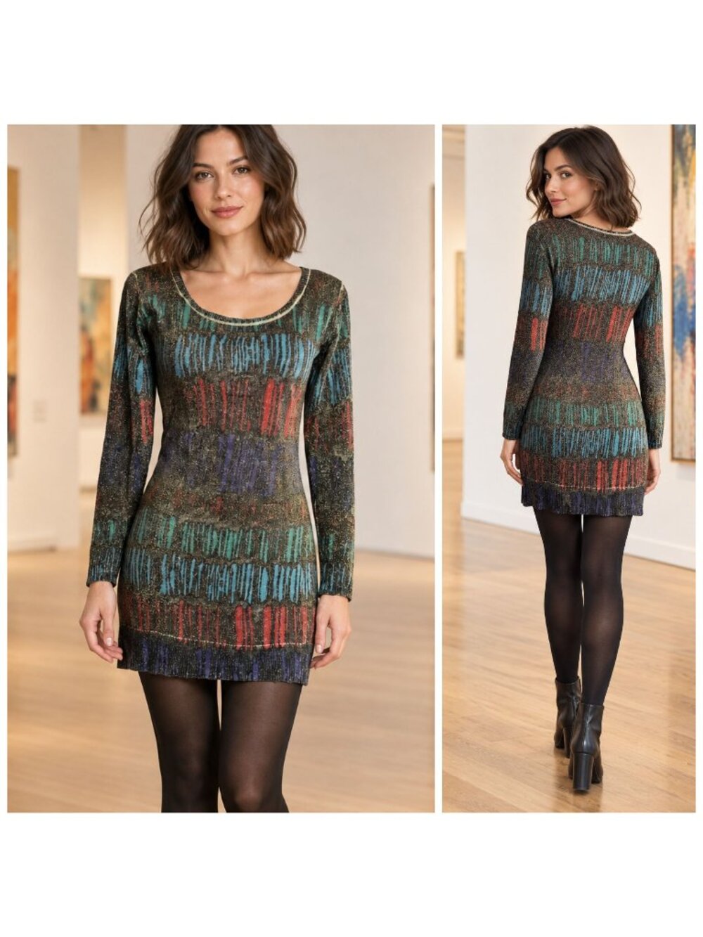 Custo Barcelona Sweater Dress Womens S Metallic Abstract Knit Angora Blend Artsy